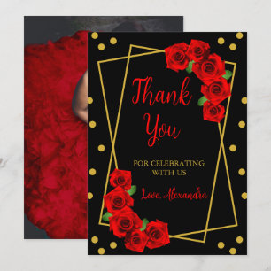 Red Rose Black and Gold Quinceañera Thank You Card