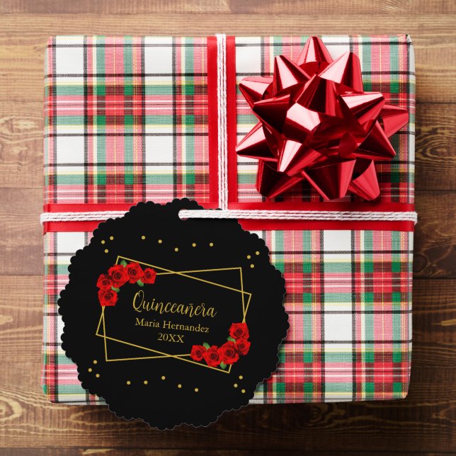 Red Rose Black and Gold Quinceañera Tree Decoration Card (Insitu (Gift))