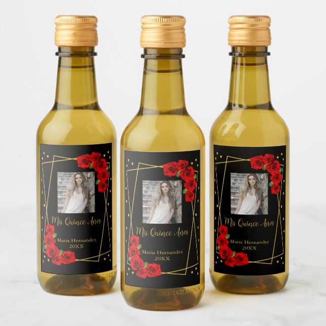 Red Rose Black and Gold Quinceañera Wine Label (Bottles)