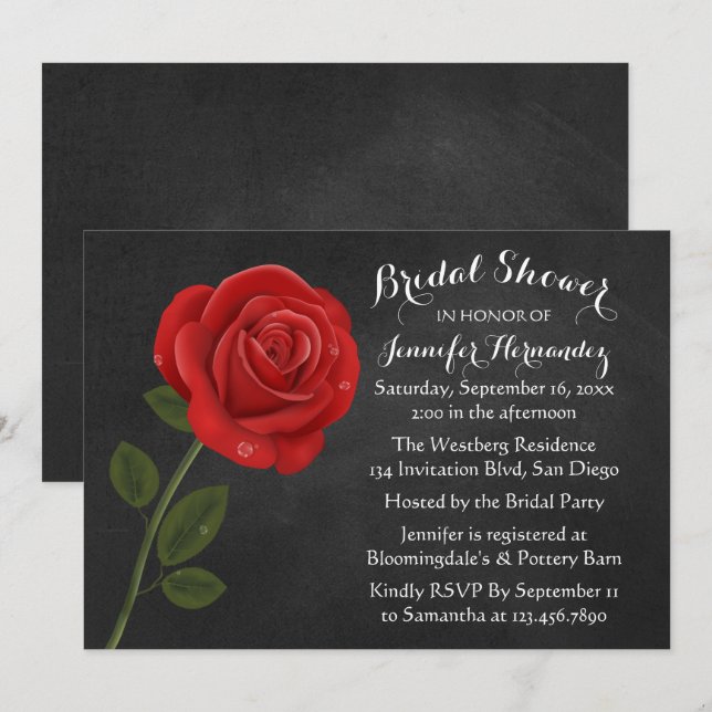 Red Rose Black Chalkboard Floral Bridal Shower Invitation (Front/Back)