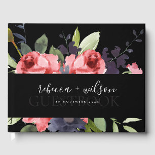 RED ROSE BLACK EUCALYPTUS FLORA WATERCOLOR WEDDING GUEST BOOK