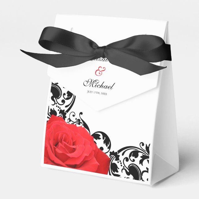 Red Rose Black Flourish Personalised Wedding Favour Box (Front Side)