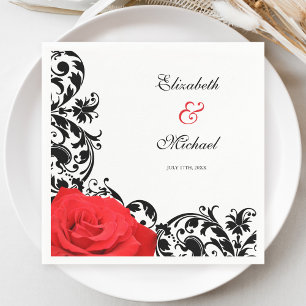 Red Rose Black Flourish Personalised Wedding Napkin