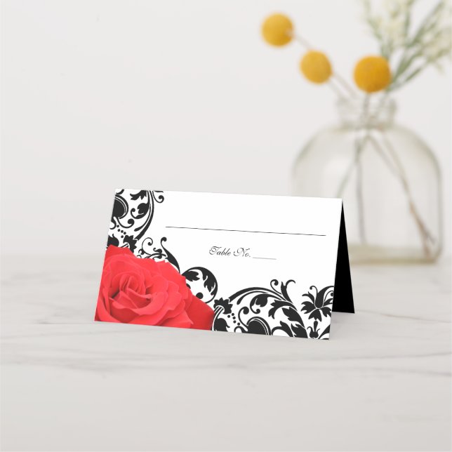 Red Rose Black Flourish Wedding Folded Place Card (Front)