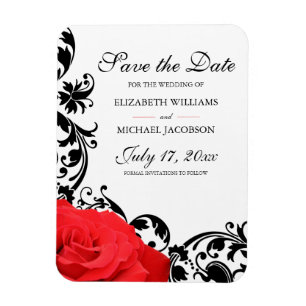 Red Rose Black Flourish Wedding Save the Date Magnet