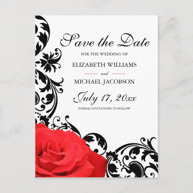 Red Rose Black Flourish Wedding Save the Date Postcard (Front)