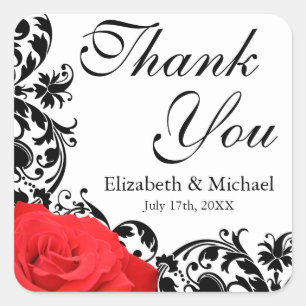 Red Rose Black Flourish Wedding Thank You Square Sticker
