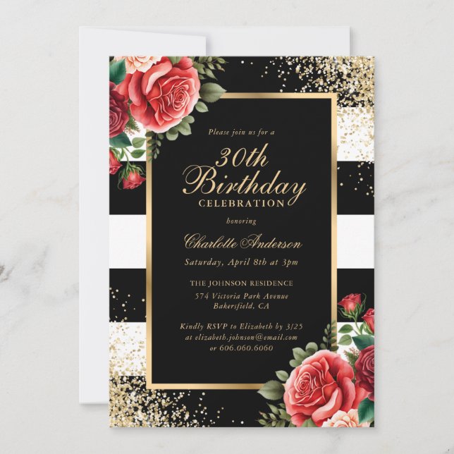 Red Rose Black Gold Confetti Floral 30th Birthday Invitation (Front)