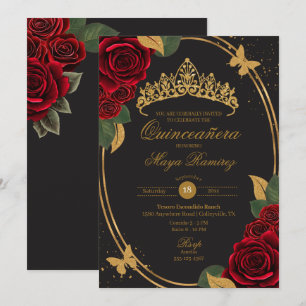 Red Rose Black Gold Glitter Butterfly Quinceañera  Invitation
