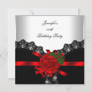 Red Rose Black Lace White Silver Party Invitation