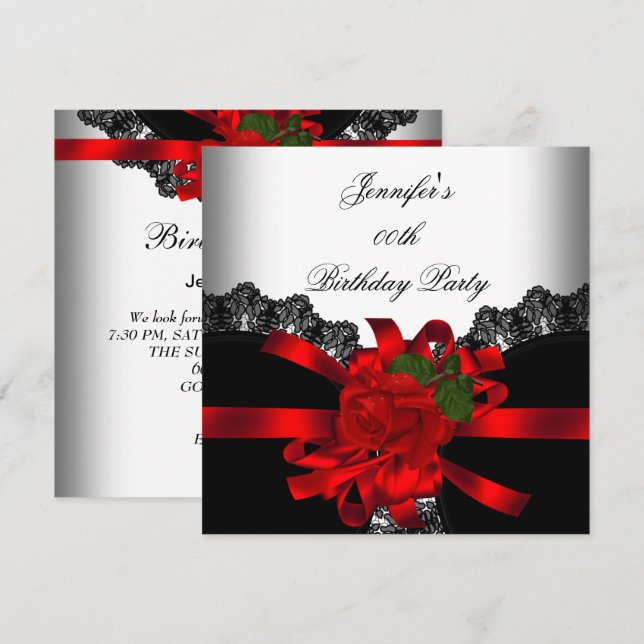 Red Rose Black Lace White Silver Party Invitation (Front/Back)