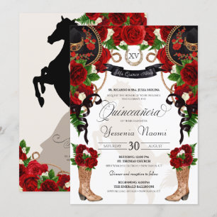 Red Rose Black Mariachi Western Charro Quinceanera Invitation