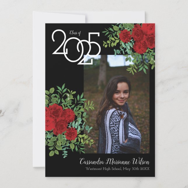 Red Rose Black Photo Graduation Announcement (Front)
