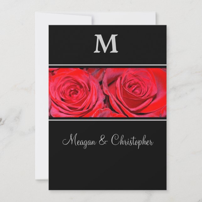 Red Rose Black Silver Monogram Wedding Invitation (Front)