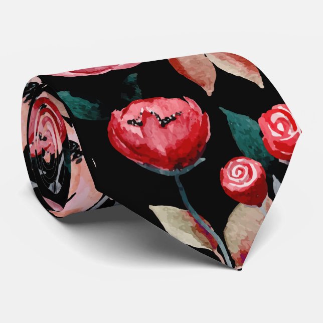 Red Rose Black Watercolor Floral Pattern Tie (Rolled)