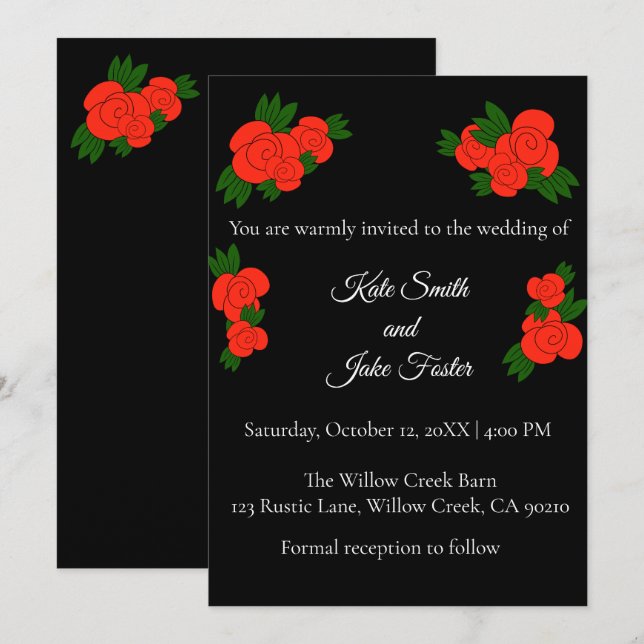 Red Rose Black Wedding Invitation (Front/Back)