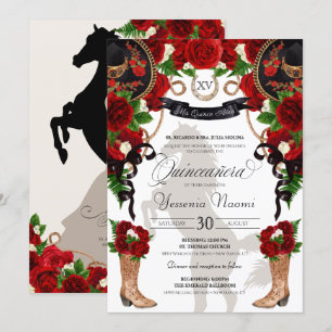 Red Rose & Black Western Charra Quinceanera Invitation