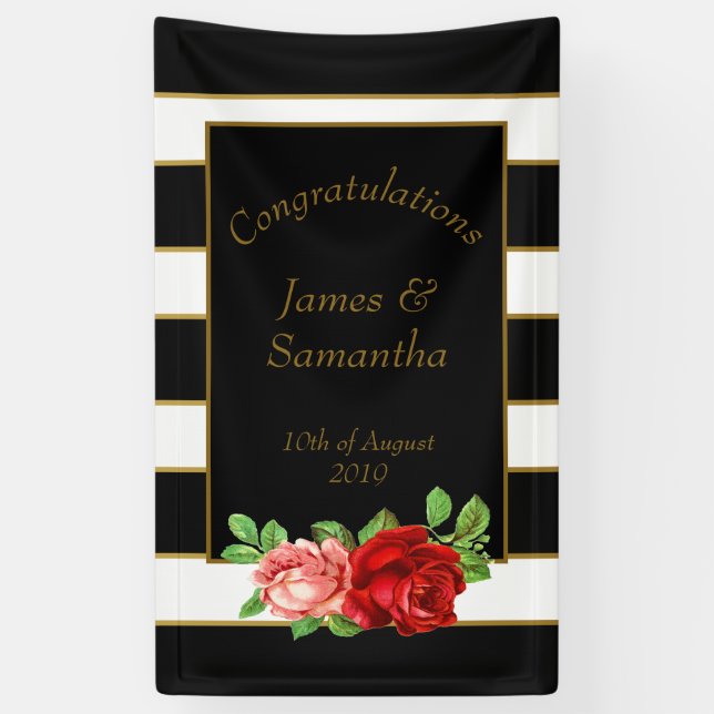 Red Rose, Black, White & Gold Stripe - Banner (Vertical)