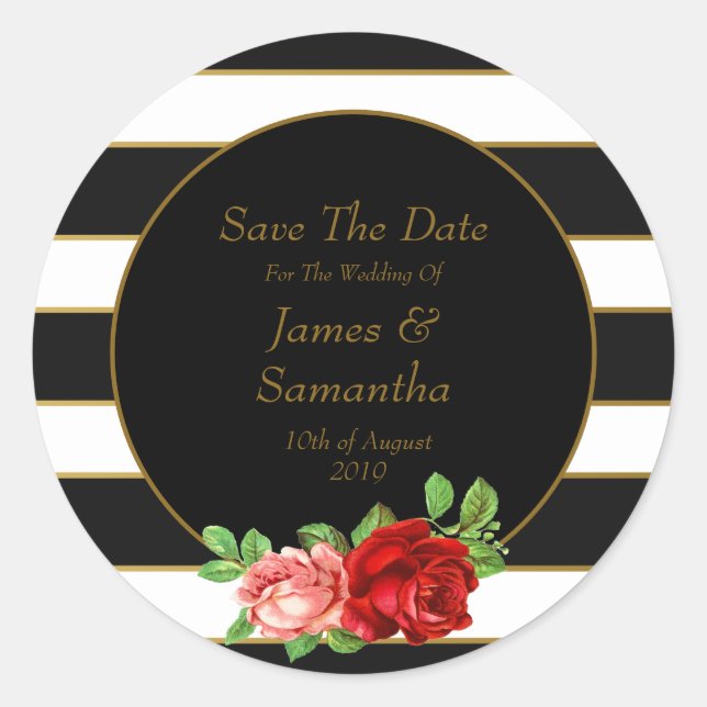 Red Rose, Black, White & Gold Stripe - Classic Round Sticker (Front)