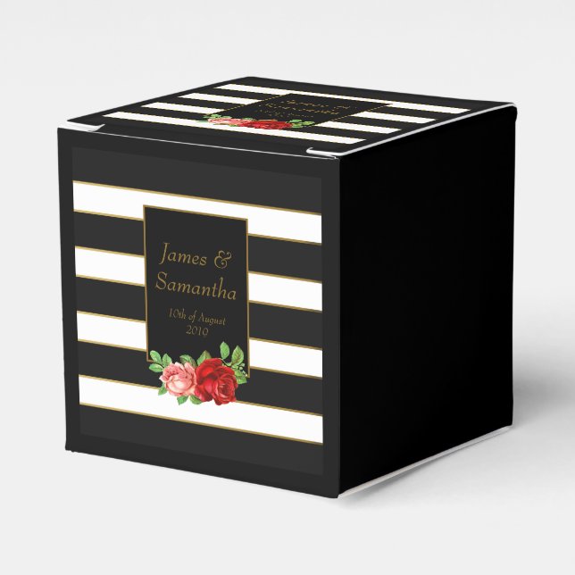 Red Rose, Black, White & Gold Stripe - Favour Box (Front Side)