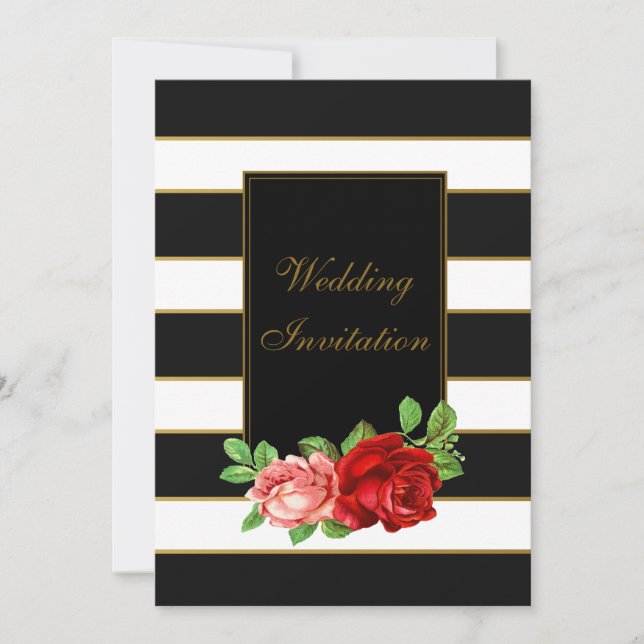 Red Rose, Black, White & Gold Stripe - Invitation (Front)
