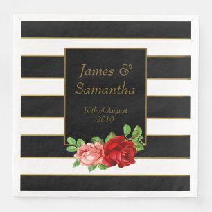 Red Rose, Black, White & Gold Stripe - Napkin