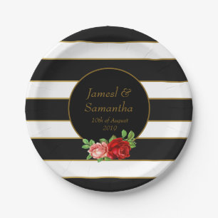 Red Rose, Black, White & Gold Stripe - Paper Plate