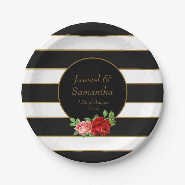 Red Rose, Black, White & Gold Stripe - Paper Plate (Front)