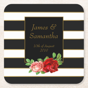Red Rose, Black, White & Gold Stripe - Square Paper Coaster