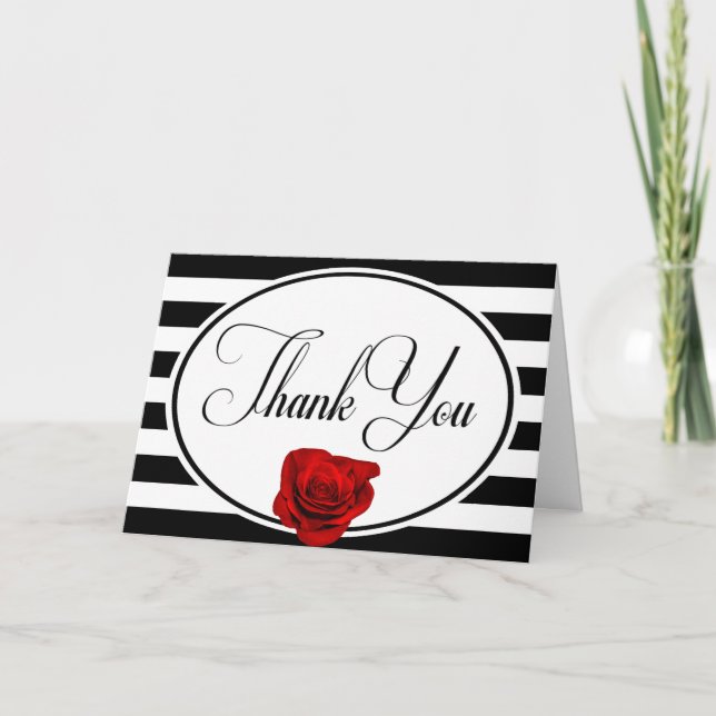 Red Rose Black White Stripe Wedding Thank You Card (Front)
