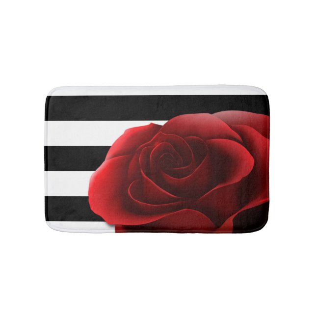 Red Rose & Black White Stripes Bath Mat (Front)