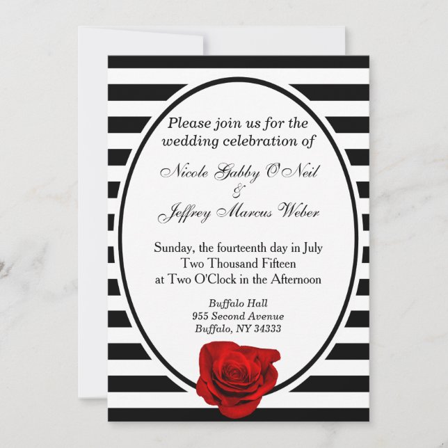 Red Rose Black & White Stripes Wedding Invitation (Front)