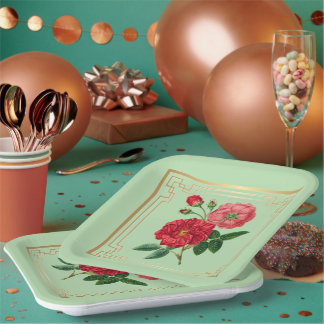 Red Rose Blossoms Paper Plate