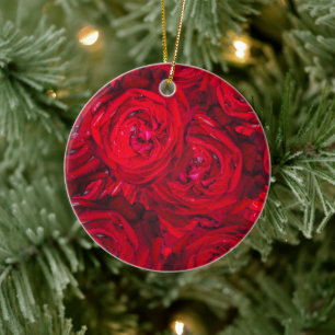 Red rose blossoms with dewdrops - photography ceramic tree decoration