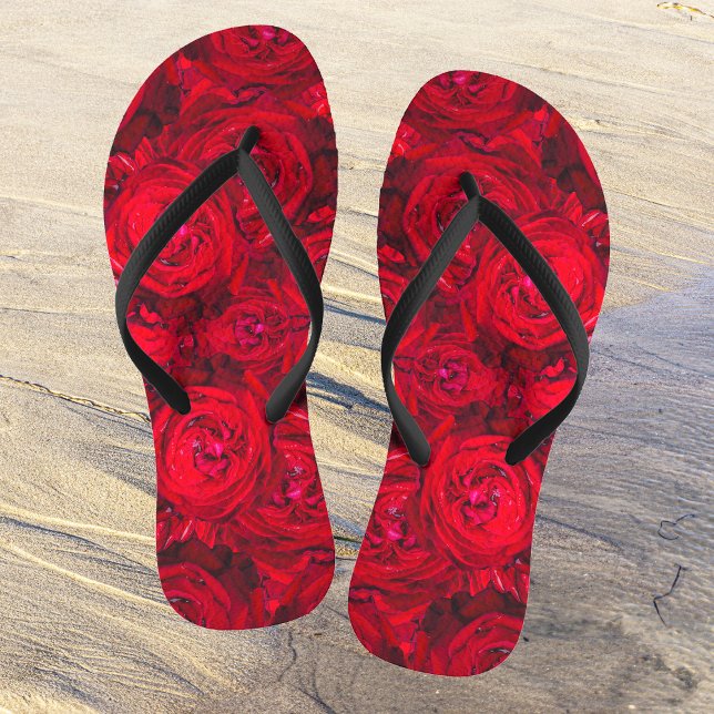 Red rose blossoms with dewdrops - photography flip flops (Creator Uploaded)