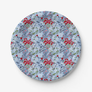 Red Rose Blue White Blossom Paper Plate