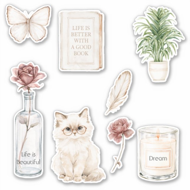 Red Rose Bottle Butterfly Cat Candle Book Feather  (Front)