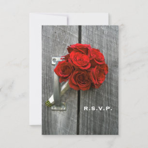 Red Rose Bouquet & Barn Wood Wedding RSVP