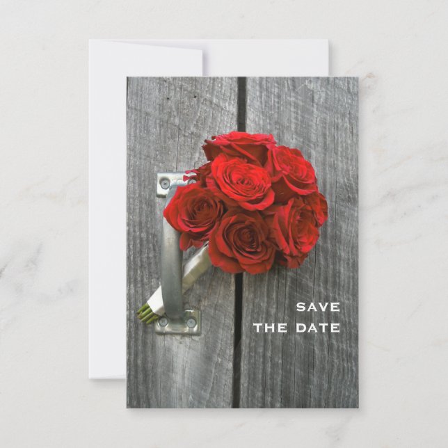 Red Rose Bouquet & Barnwood Wedding Save The Date (Front)