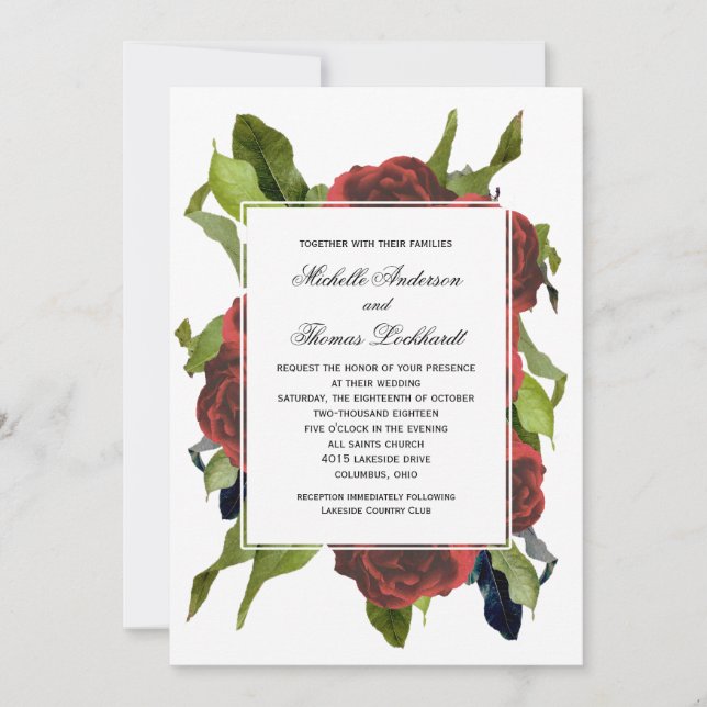 Red Rose Bouquet Floral Wedding Invitation (Front)
