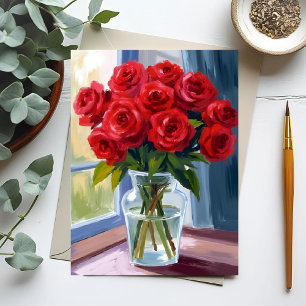 Red Rose Bouquet Flower Vase Watercolor Postcard