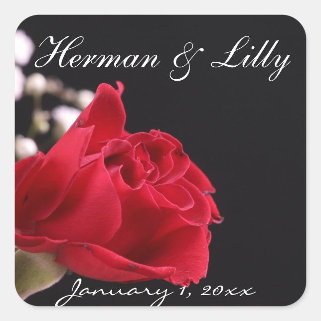 Red Rose Bouquet Personalised Wedding Square Sticker (Front)