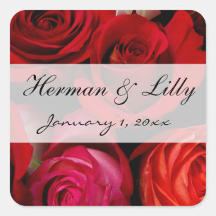 Red Rose Bouquet Personalised Wedding Square Sticker