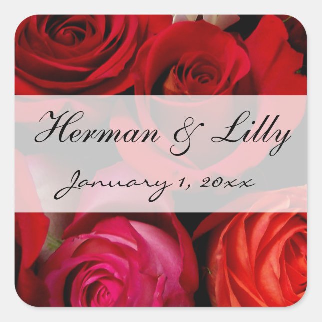 Red Rose Bouquet Personalised Wedding Square Sticker (Front)