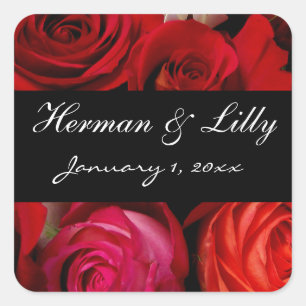 Red Rose Bouquet Personalised Wedding Square Sticker