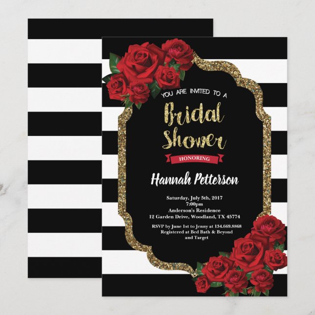 Red rose bridal shower invitation black and gold (Front/Back)