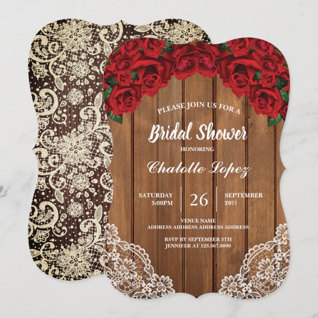 Red rose bridal shower rustic wood invitation (Front/Back)