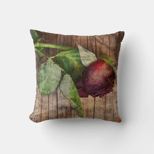 Red Rose Brown Rustic Wood Texture Antique Floral Cushion (Front)