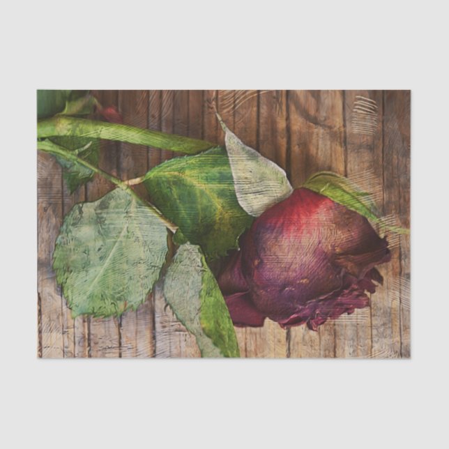 Red Rose Brown Wood Rustic Texture Floral Antique Tissue Paper (Front)