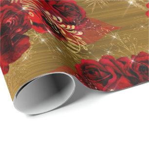 Red Rose Bunch Sparky  Floral Glitter Gold Metall Wrapping Paper